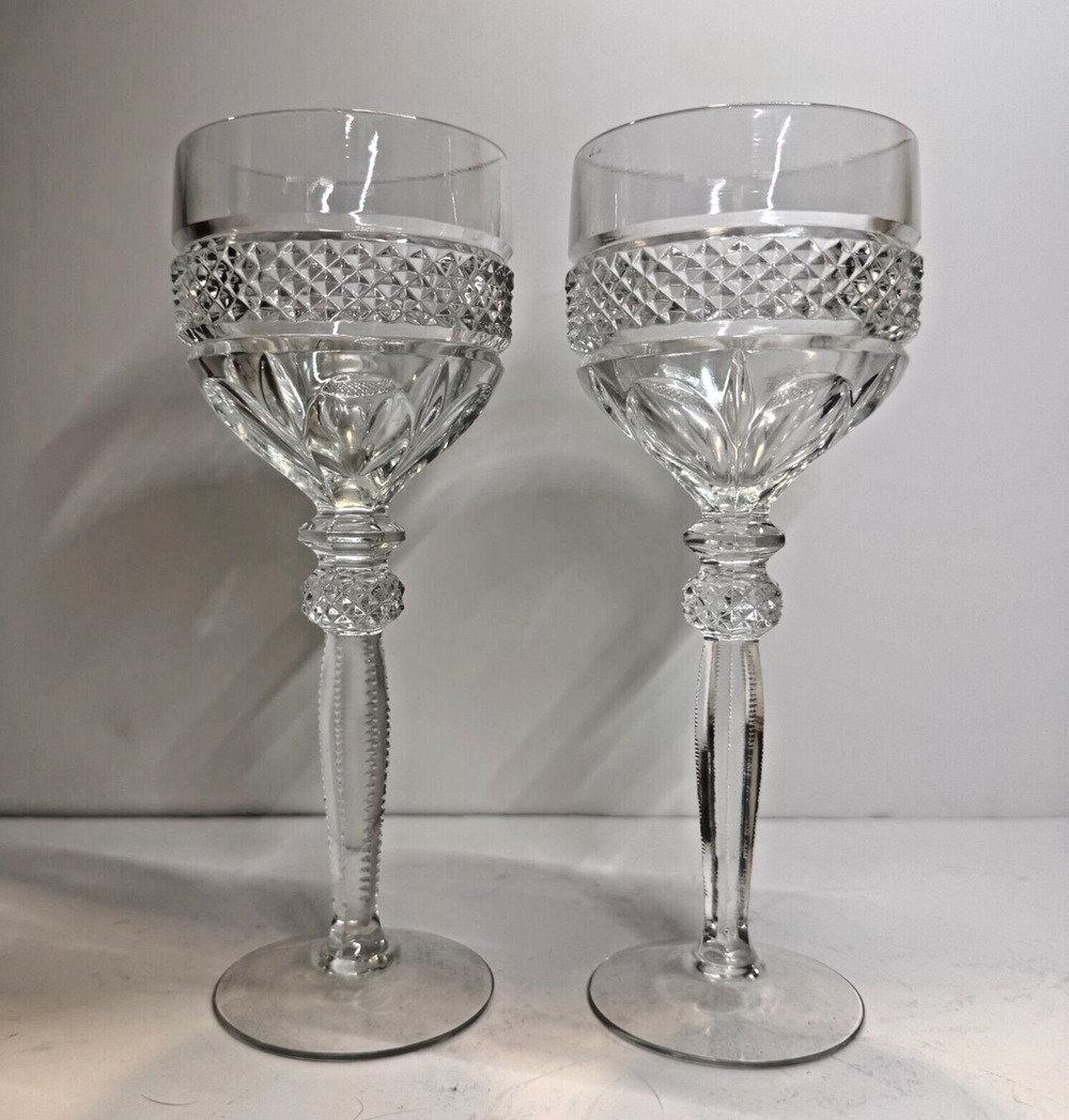 2 Cut Fine Crystal Wine Glass Beaded Stem RIEKES-CRISA Williamsburg 8” H EUC